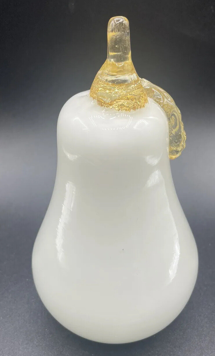 Art Glass Hand Blown Paperweight White Gold Pear