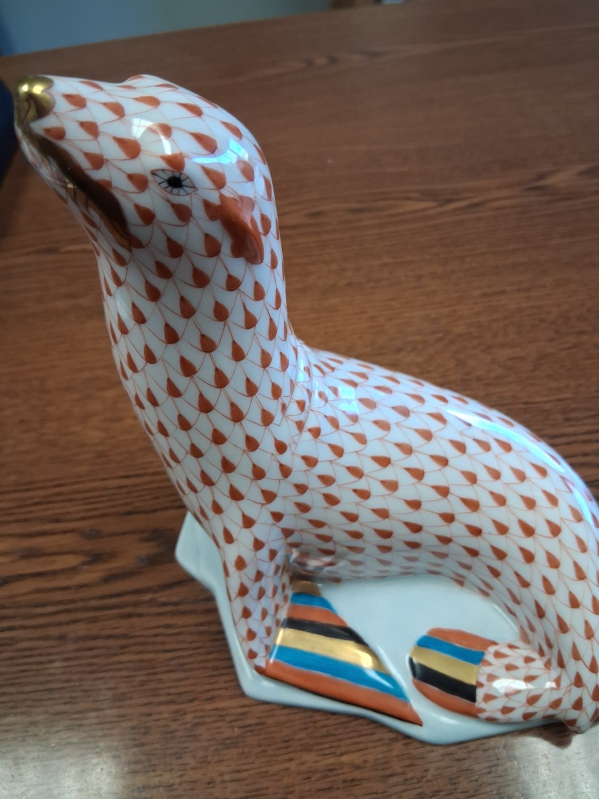 Herend Hand-Painted Rust Fishnet Porcelain Seal on Iceberg Figurine-RARE!!