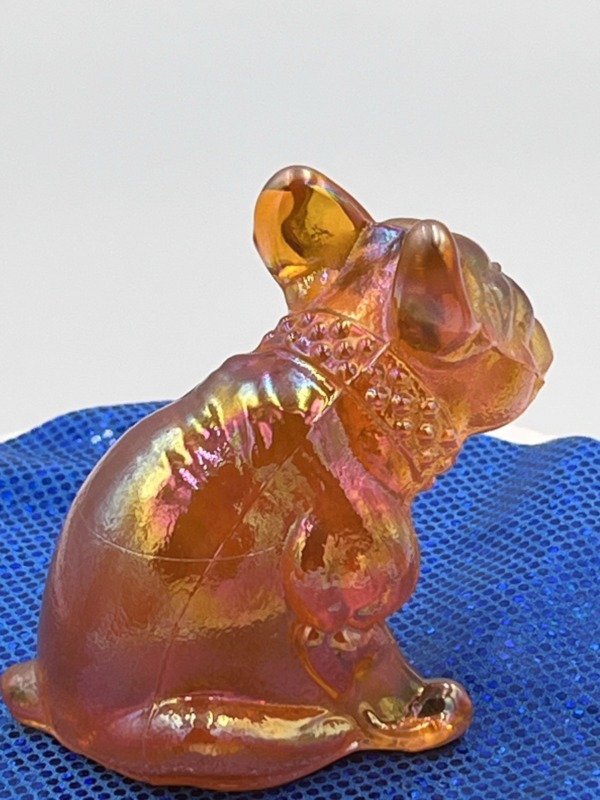 RARE Westmoreland Tangerine Carnival Glass Bulldog Frenchie Figurine UVGlow NOS