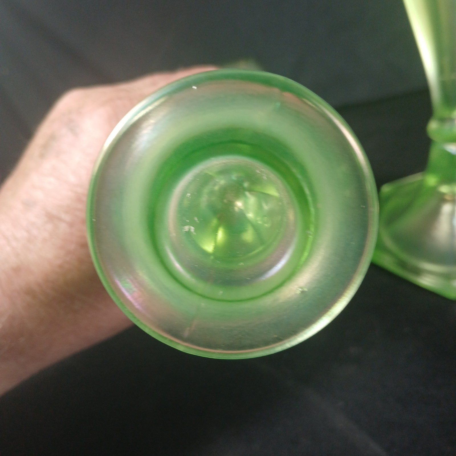 Fenton Irridescent Uranium Glass Candlesticks 10 3/8″ Tall Hexagonal Base Pair