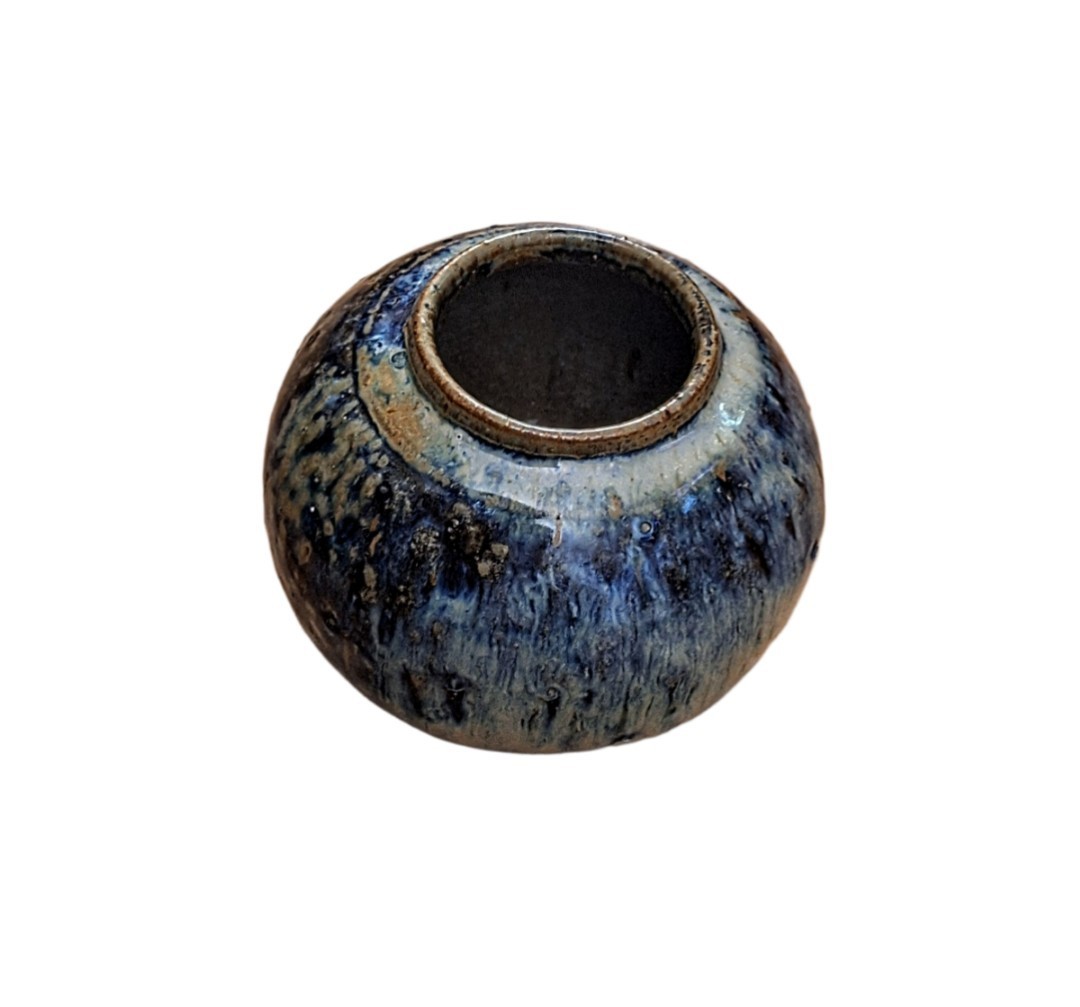 Vintage Hand Thrown Studio Pottery Fat Vase Blue Brown Dripped Glazed Stoneware