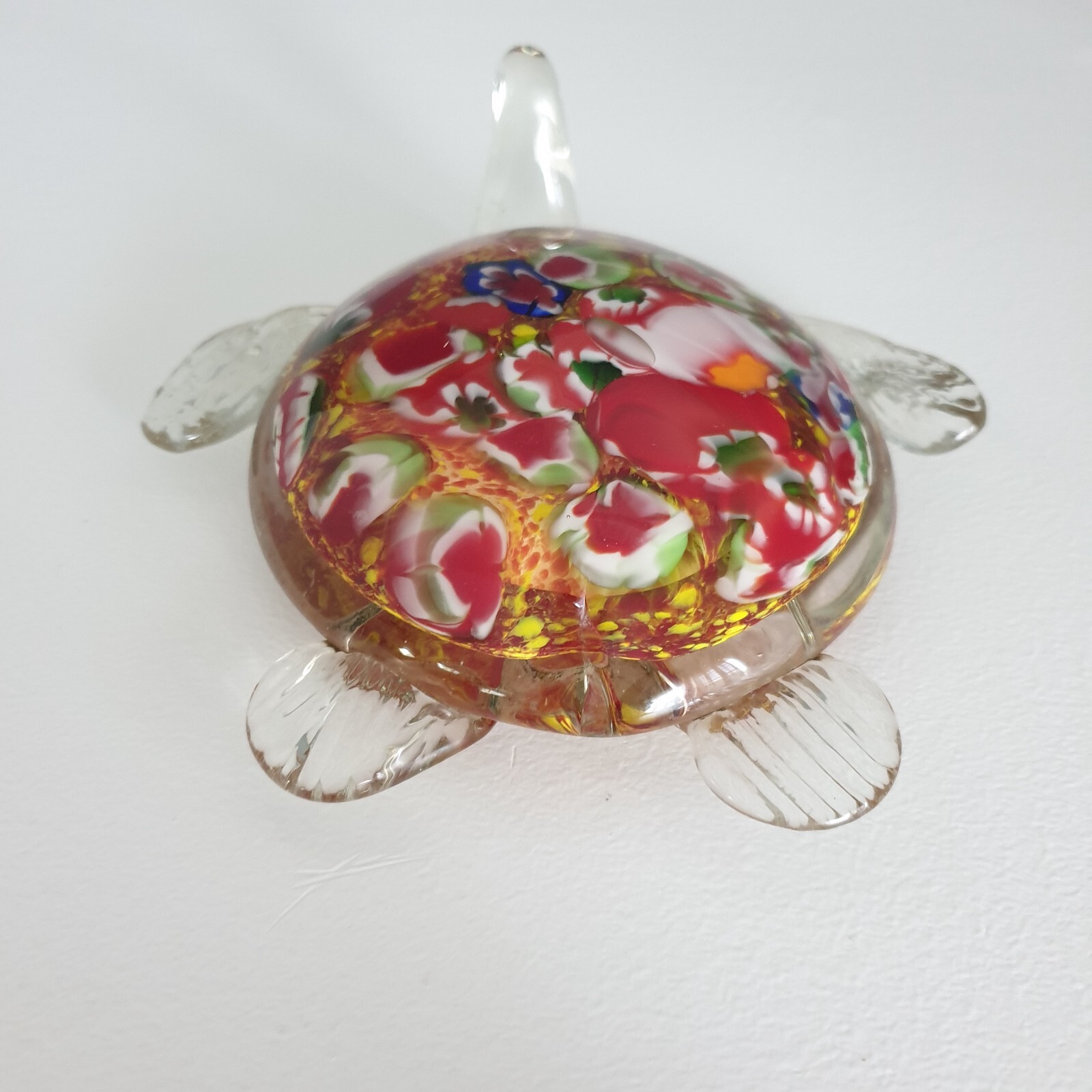 Vintage Murano Glass Sea Turtle Paperweight Figurine Millefiori 7″ Red Italian