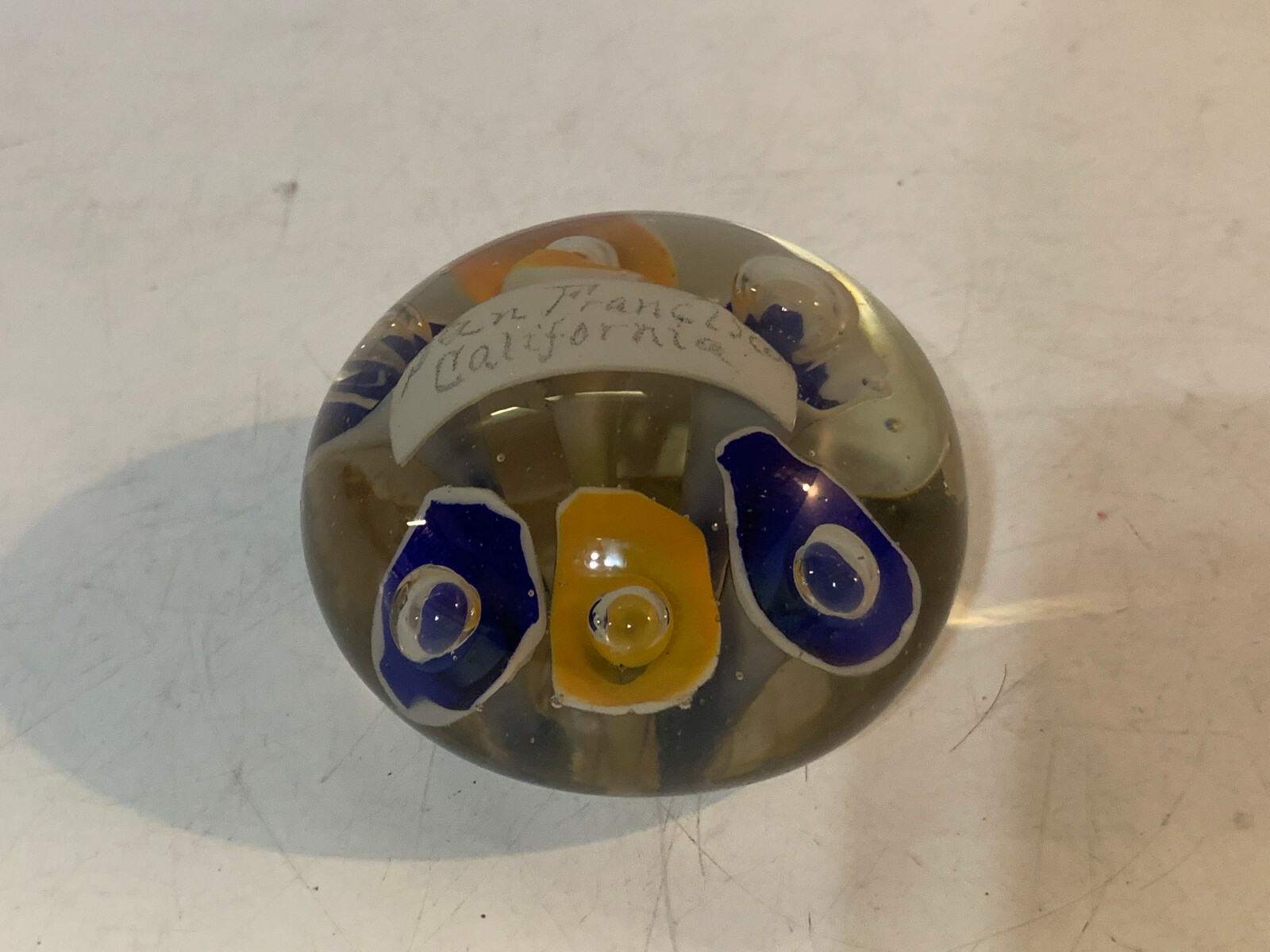 Vintage Unknown Age San Francisco California Glass Paperweight w/ Flowers Dec.