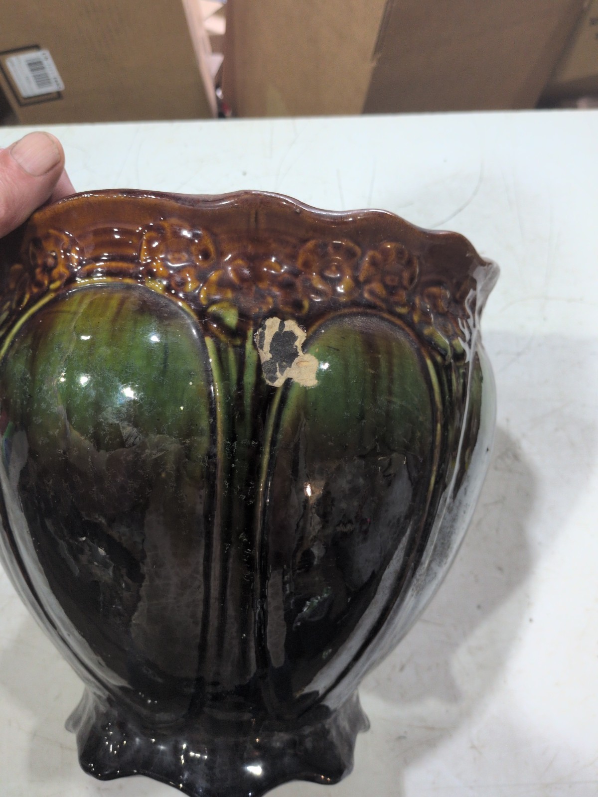 Planter Jardiniere Green Brown Vintage Maker Unknown AS IS Damaged
