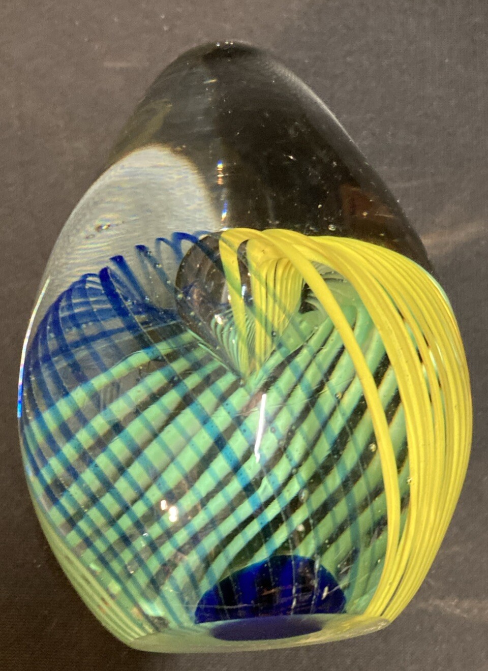 Hand Blown Glass Green Blue Yellow Striped Teardrop Paperweight 5.25”