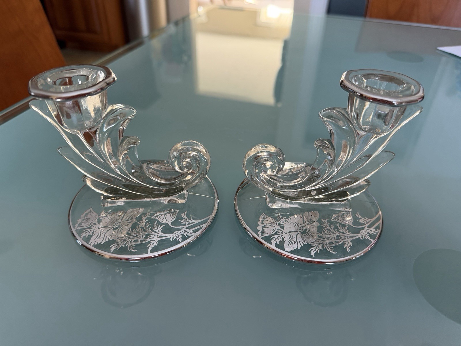 2 Fostoria Glass Baroque Candle Holders with Sterling Silver ‘Flanders’ Overlay
