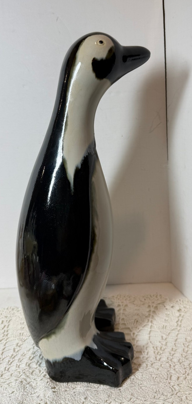 Vintage Pottery Penguin Bird Figurine Hand Painted 13 3/8″ TALL