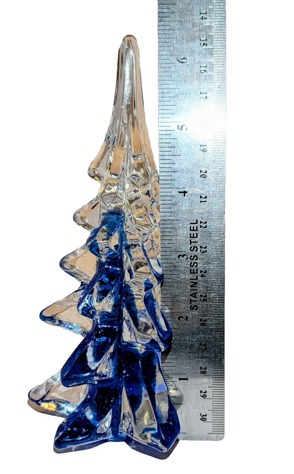 Vtg MidWest Cobalt Blue Art Glass Xmas Pine Tree Crystal Ribbon Sculpture x2 A+