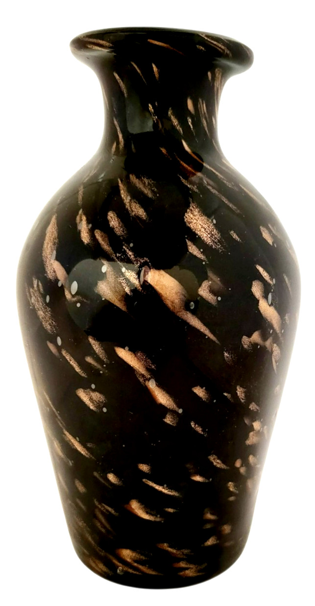Vintage 1960s Black Gold Italian Adventurine Hollywood Regency Art Glass Vase 8″