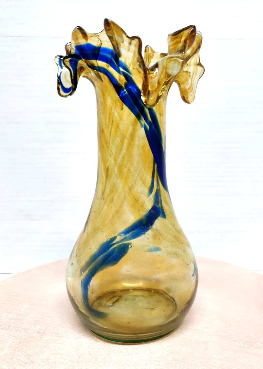 Hand Blown Ruffled Edge Swirl Pattern Art Glass Amber Blue Multicolor Vintage