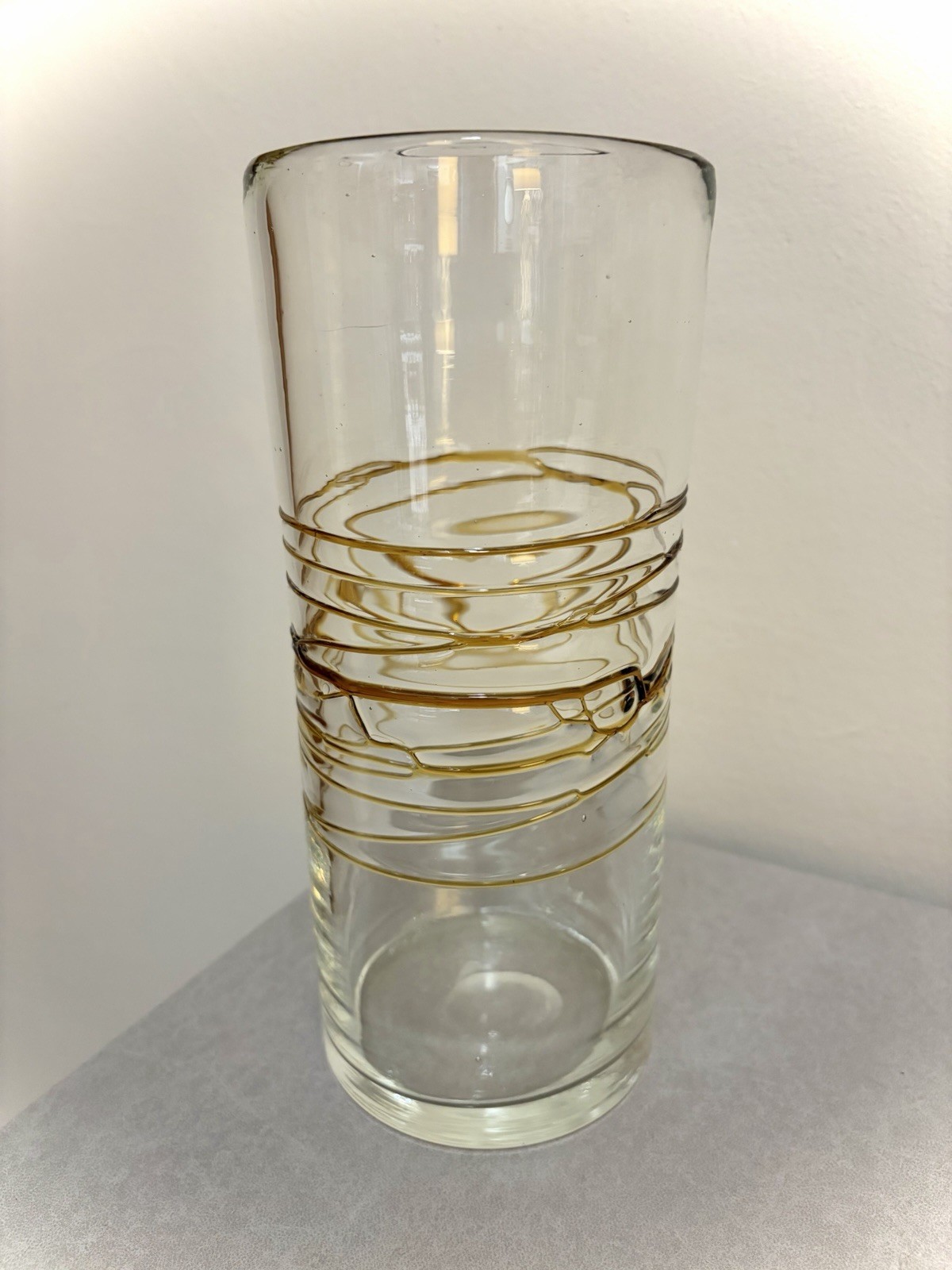 Art Glass Clear Vase With Golden Amber Threads Hand Blown 9.5 Inches Tall MCM