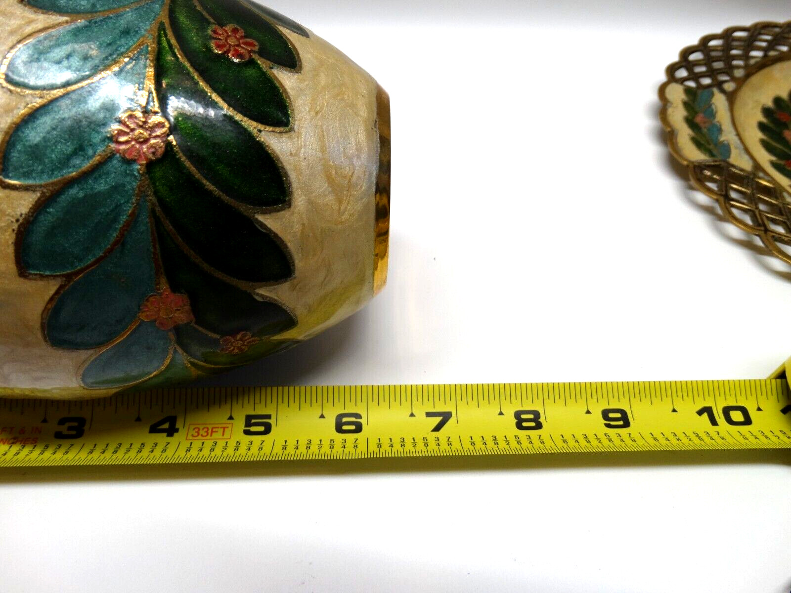 Cloisonné Brass Vase & Wall Hanging Plate w/Enameled Floral & Wreath Design EUC