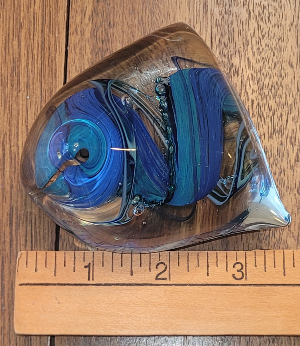 Clear and Blue Glass Paperweight Marked Jerusalem 3 Inches wide