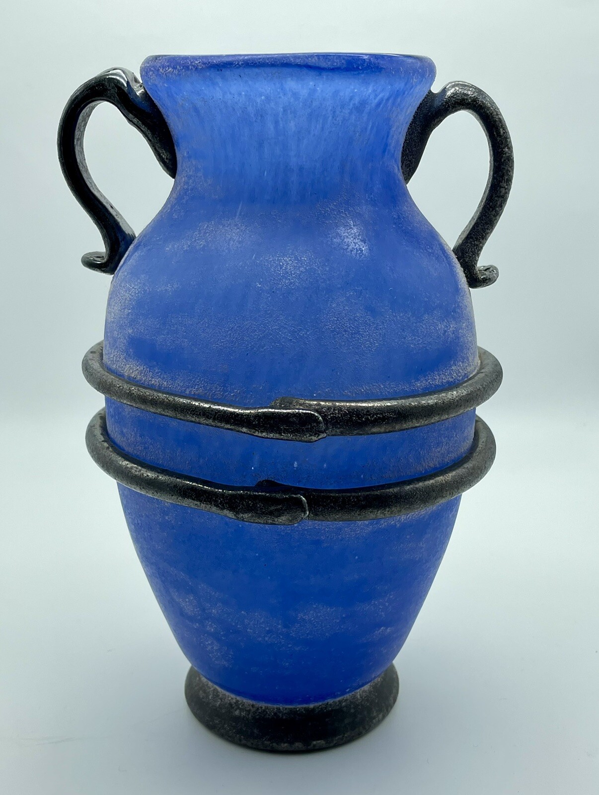 9” “Design Guild” STICKER Romania Art Glass Cobalt BLUE Handblown Urn Vase Jar