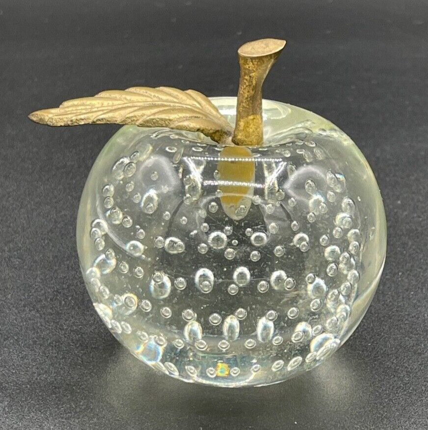 Crystal Apple Paperweight With Brass Stem and Hand Blown Controlled Bubbles VTG