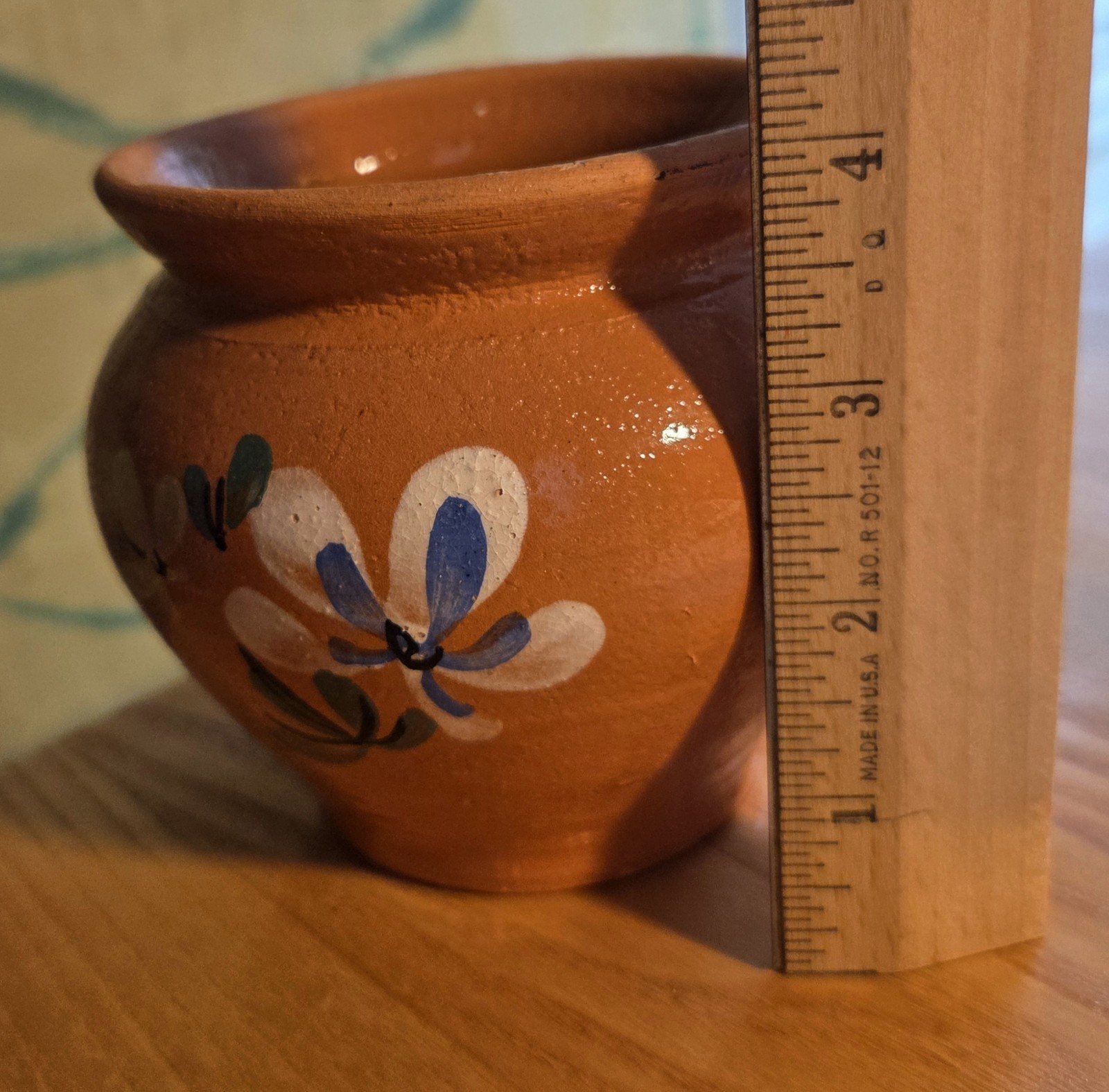 Glazed Redware Vase Pot Hand Made & Painted Flower & Butterfly Signed 4″T