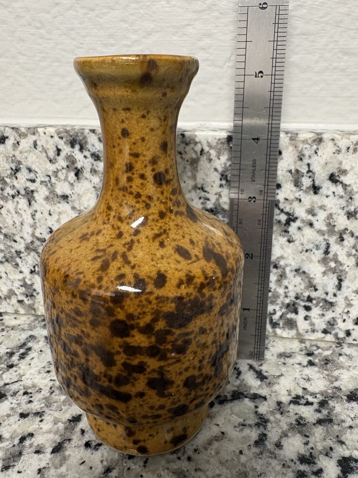 Brown Speckled Glossy mustard color Ceramic Decorative Bud Vase, 5 in, crazing