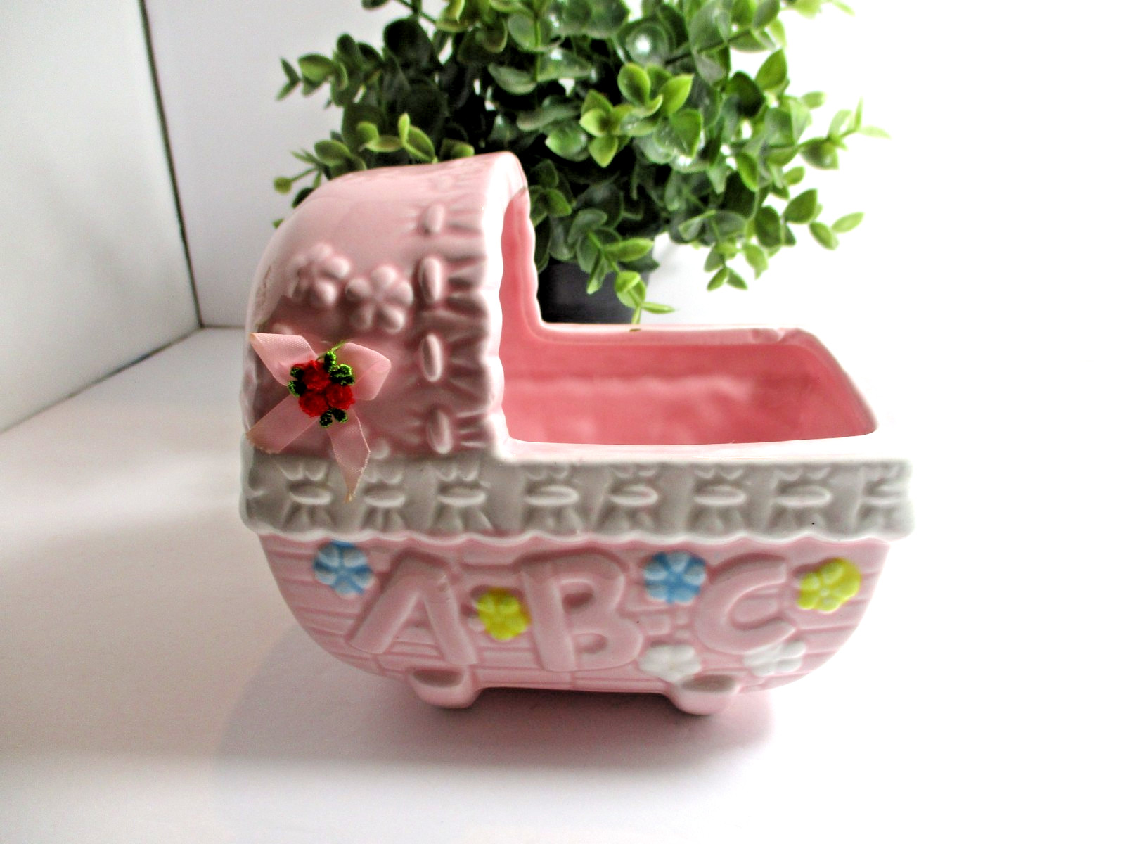 Ceramic Cradle Planter –Pink, ABC Motif ribbon Bow & Roses Vintage
