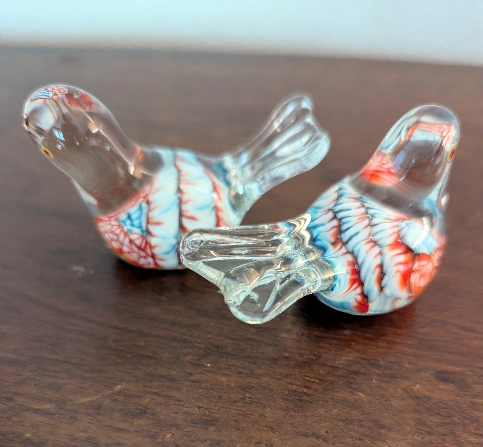 Vintage Murano Style Blown Glass Pair 2″ Bird Figurines Blue White Orange Red