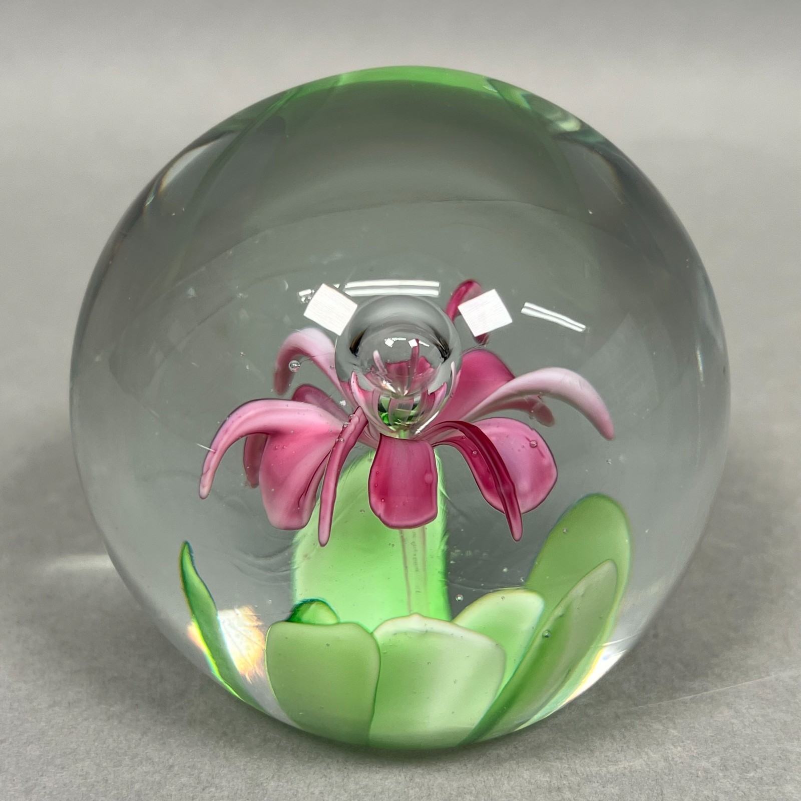 Vintage Art Glass Paperweight Pink Lily Flower Captive Bubble 2.75″ Hand Blown