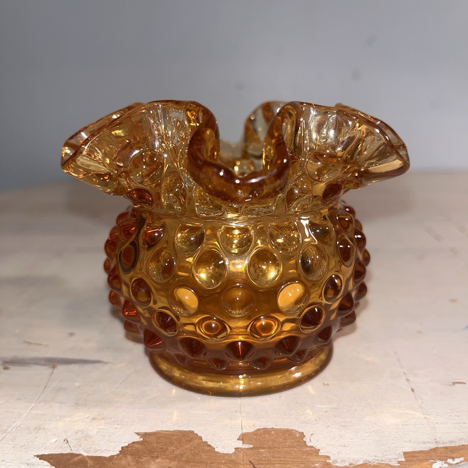 Vintage MCM Fenton Amber Hobnail Glass Footed Candle Votive Holder Ruffled Edge