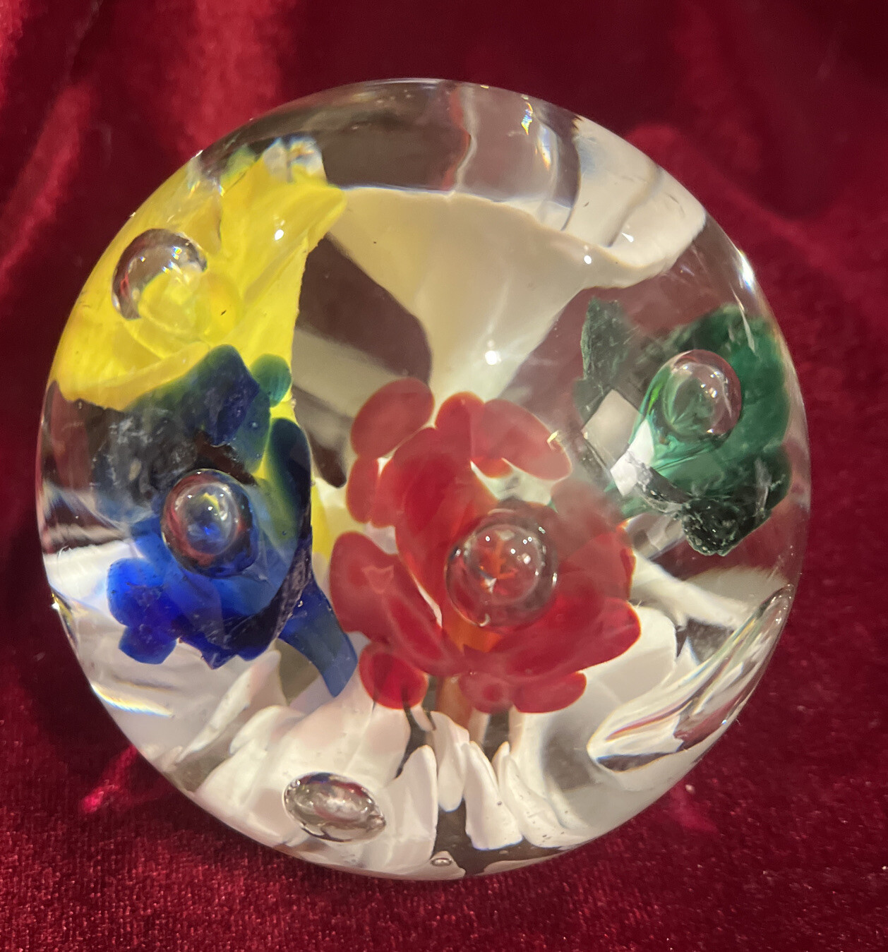 Beautiful And Heavy Glass Paperweight With Vibrant Colored Flowers, 10” Round