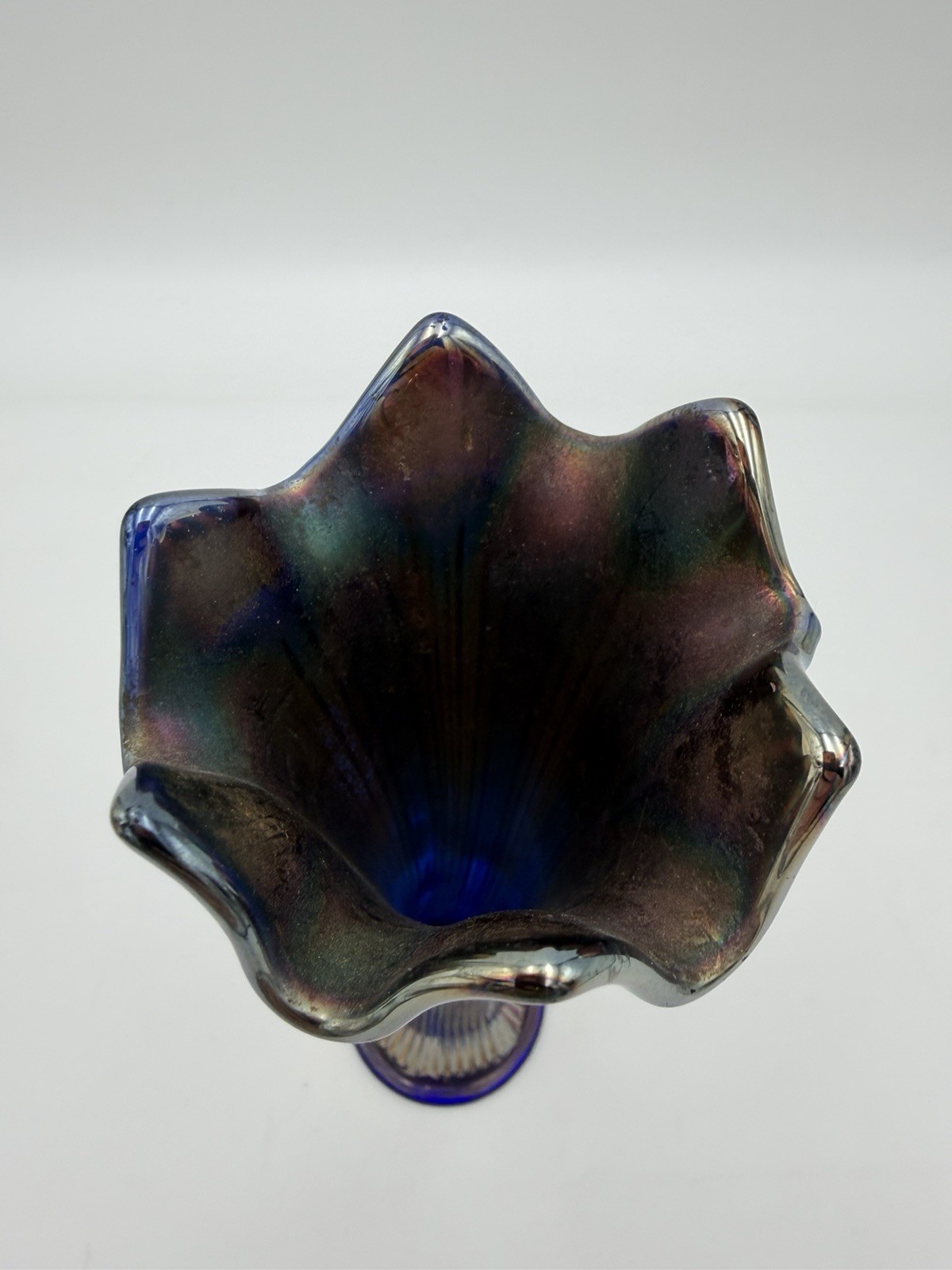 Fenton Art Glass Fine Rib Carnival Glass Sapphire Blue Vase c. 1930s 11”