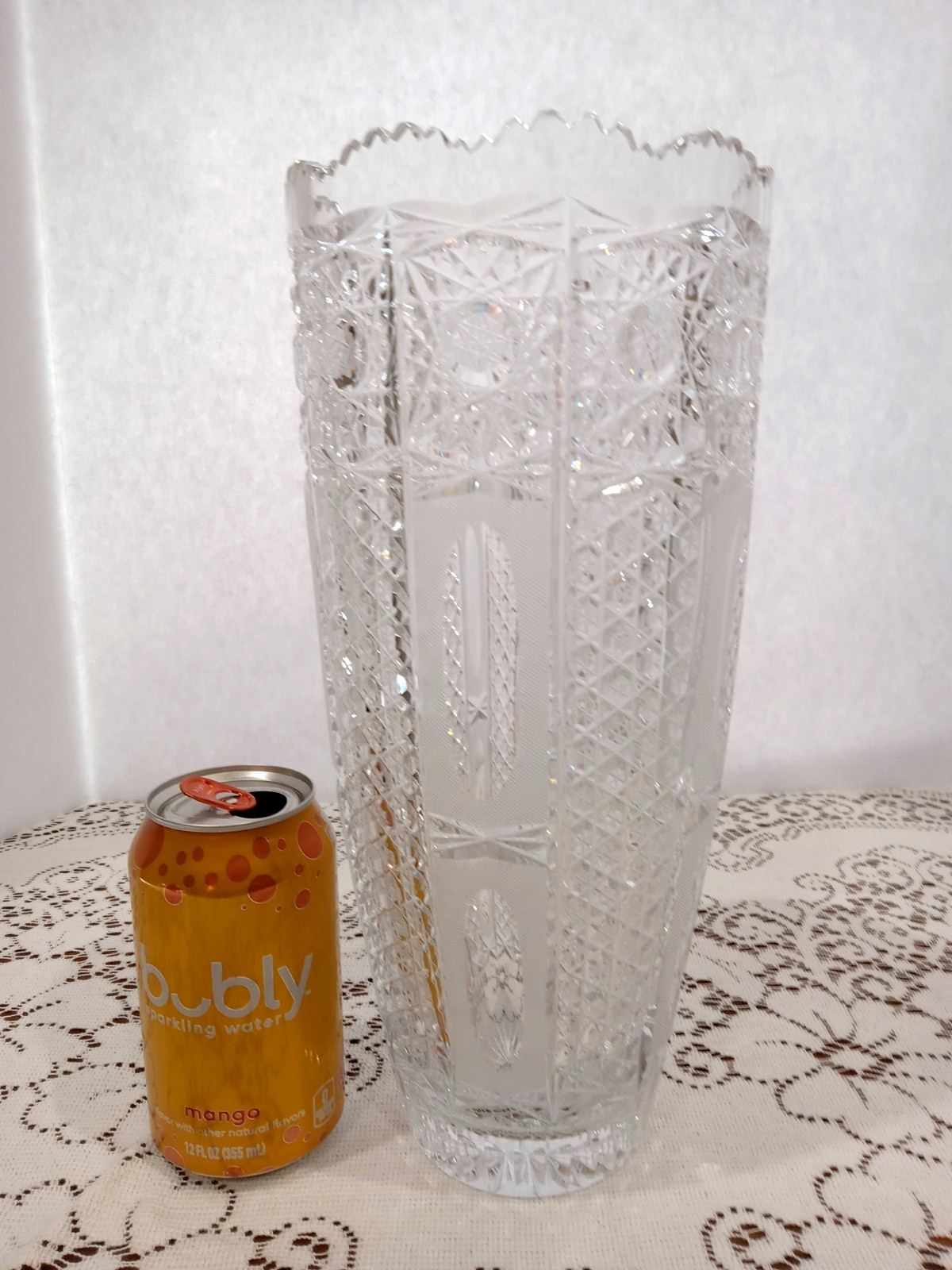 Large Bohemian Cut Crystal Vintage Vase 12 in. tall 5.5 in. diameter at opening