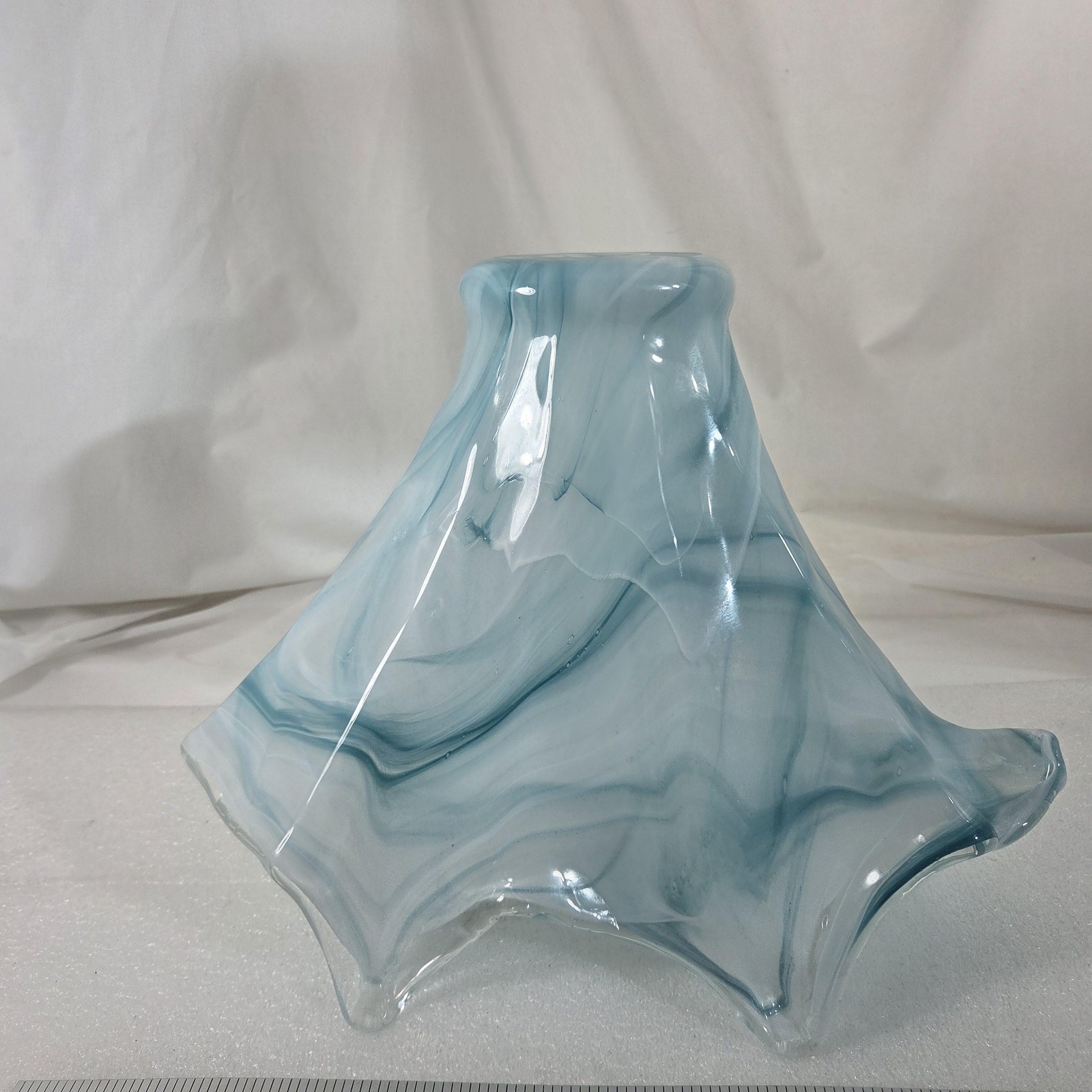 Hand Blown Art Glass Ruffled Vase Blue White Swirl Freeform Centerpiece 5lb 12oz