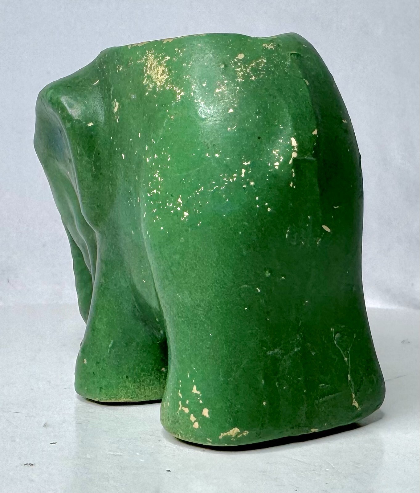 Vintage Small Green Pottery Elephant Figurine with Raised Trunk for Good Luck