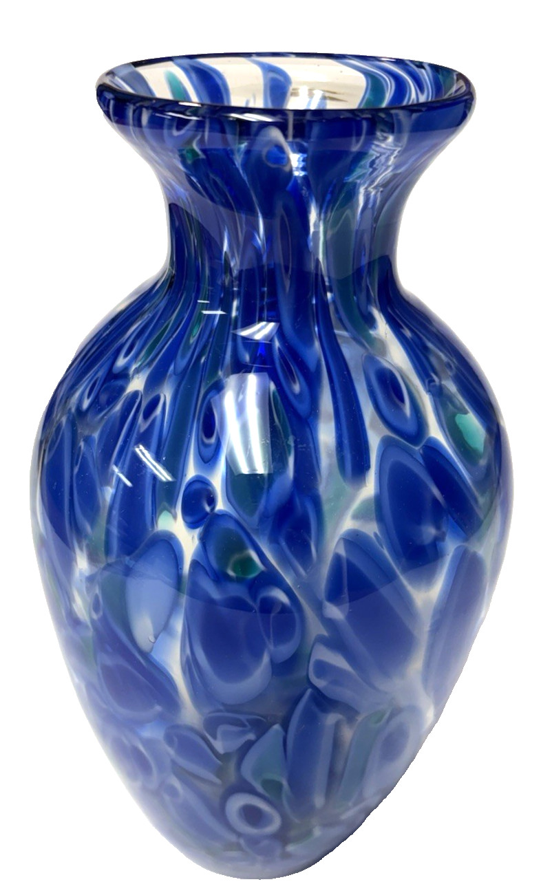 Studio Art Glass Vase Hand Blown Blue White Clear Abstract Stretch Design 10×5″
