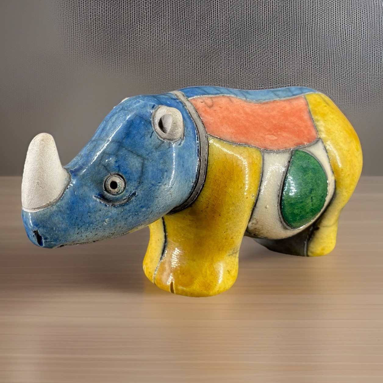 South Africa Art Pottery Raku Rhino RHINOCEROS Colored Animal Handmade Signed