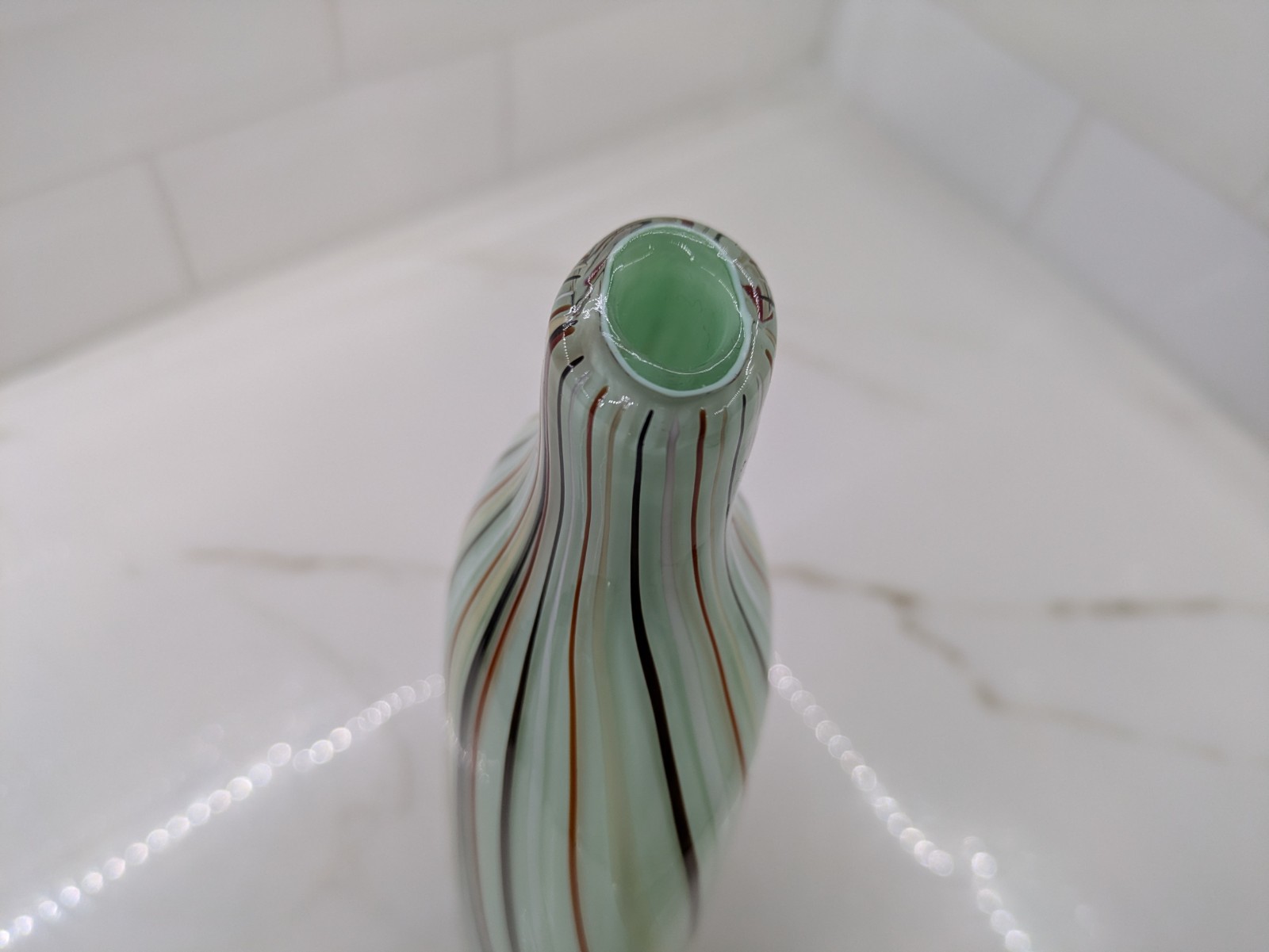 Green Cased Blown Art Glass Bottle Flat Vase Red White Black Applied Stripes 10″