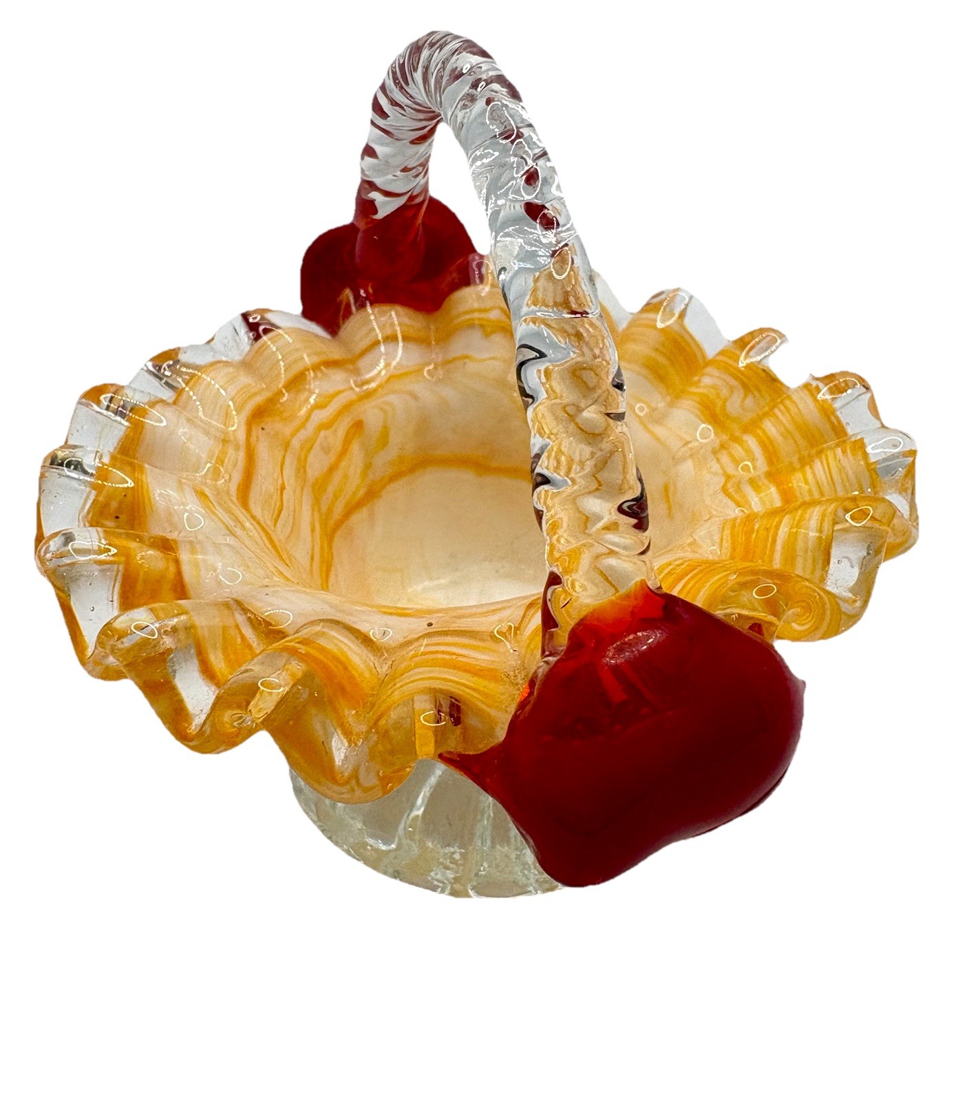 Miniature Glass Basket Orange And Yellow Marbled Art Glass With Ruffled Rim VTG