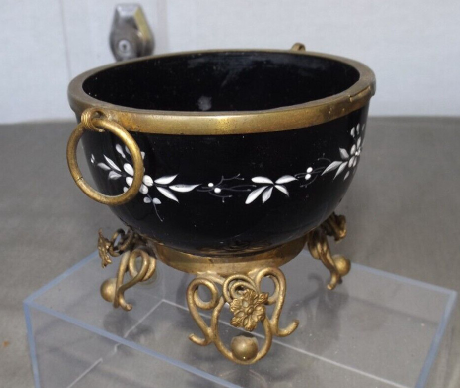 Antique Black Amethyst Metal Trim Footed Bowl Enameled Floral Accent G