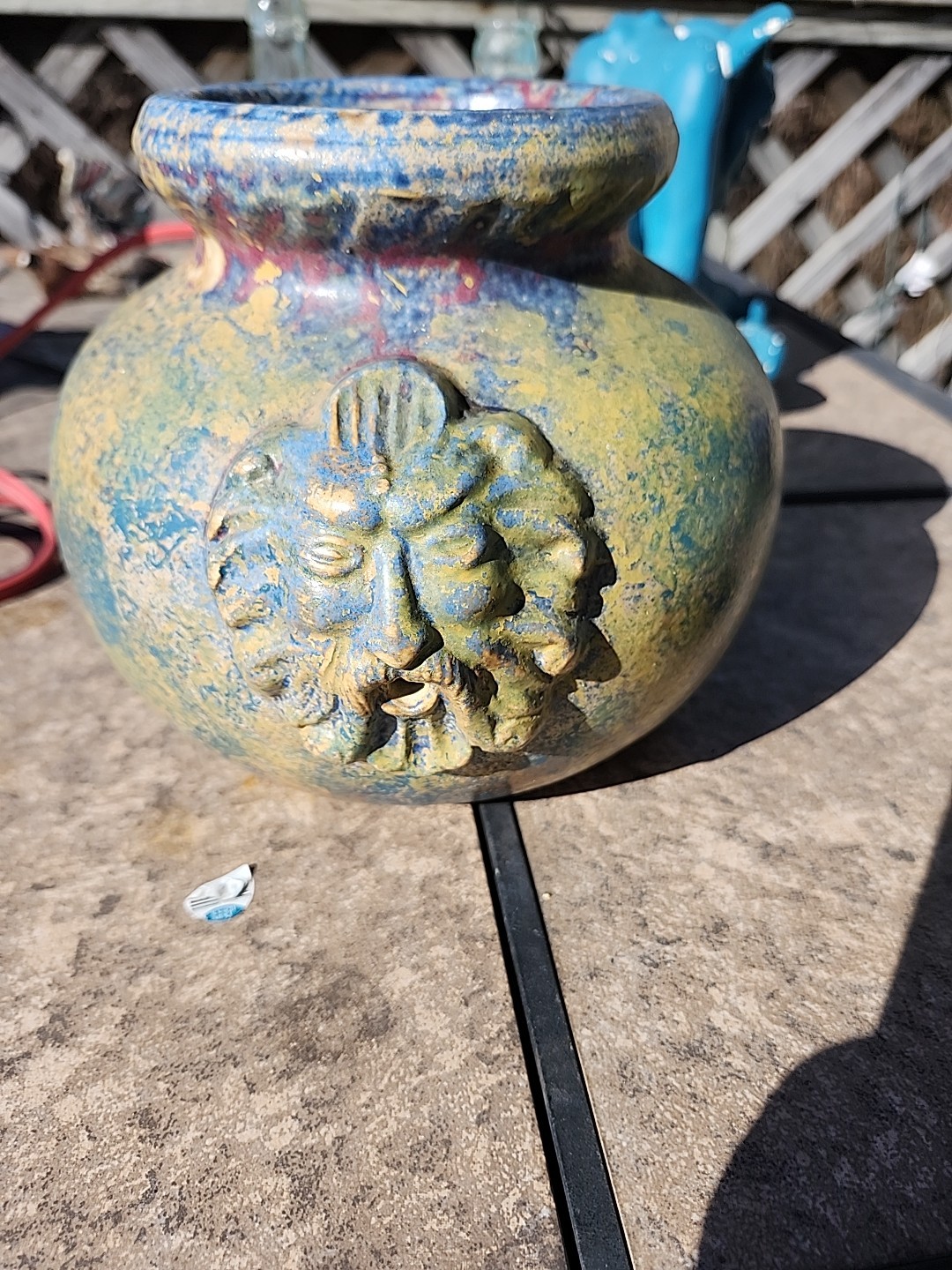 Greek Art Pottery Vase. Clay & green. Face of God on either side nice 8+ in Dia