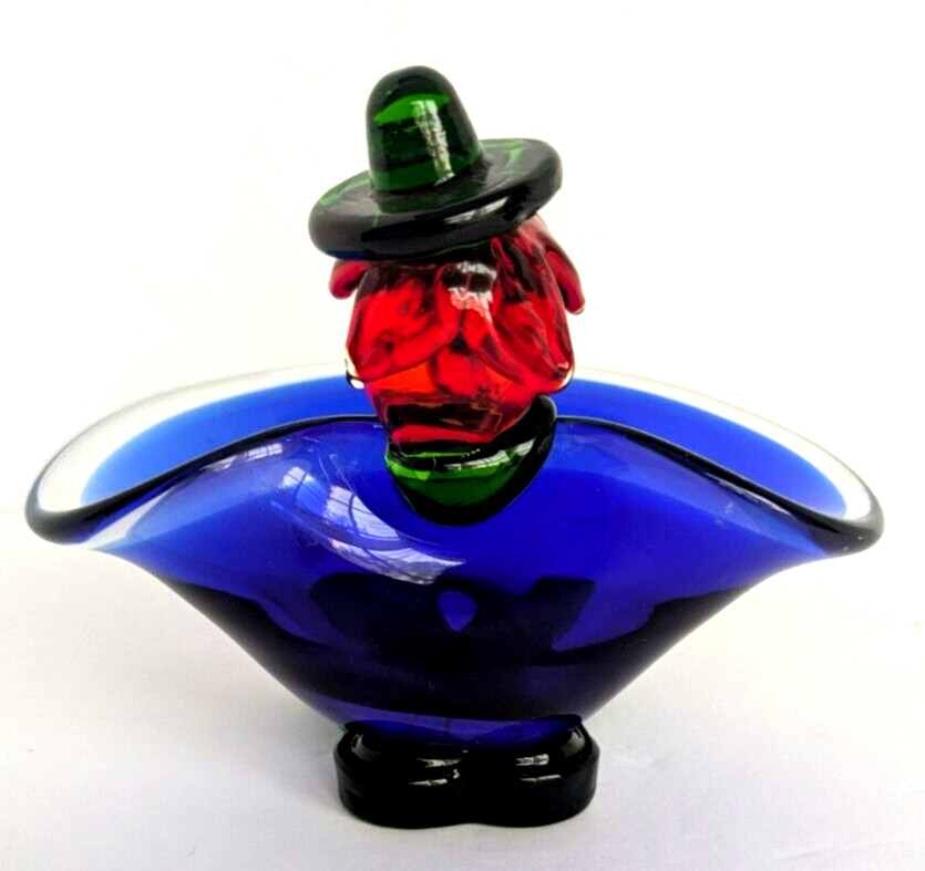 Murano Style Art Glass Candy Dish Clown Hand Blown Blue Green Red 6x5x4in