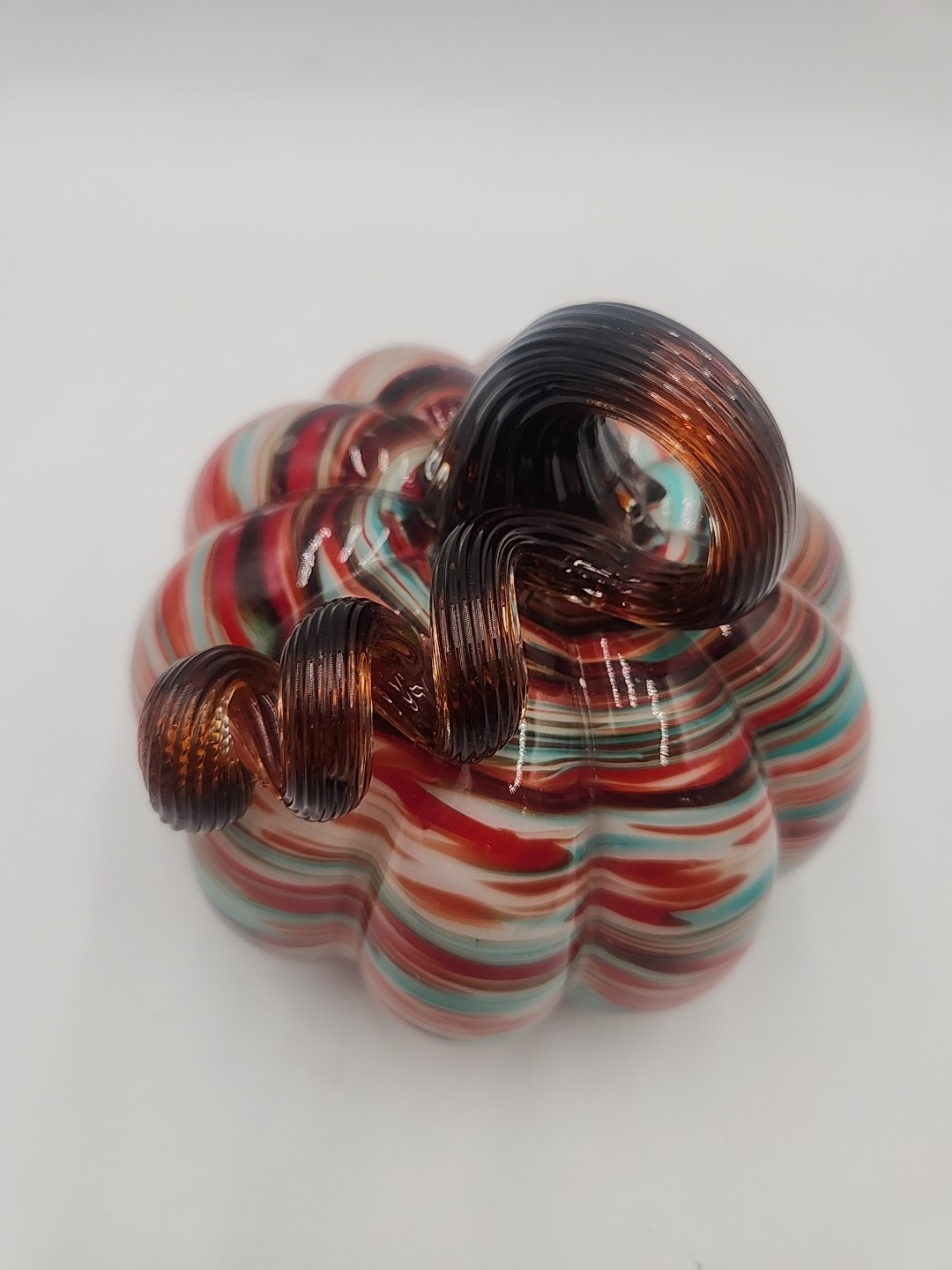 Hand Blown Studio Crafted Orange & Aqua Striped Amber Glass Pumpkin 5.5″
