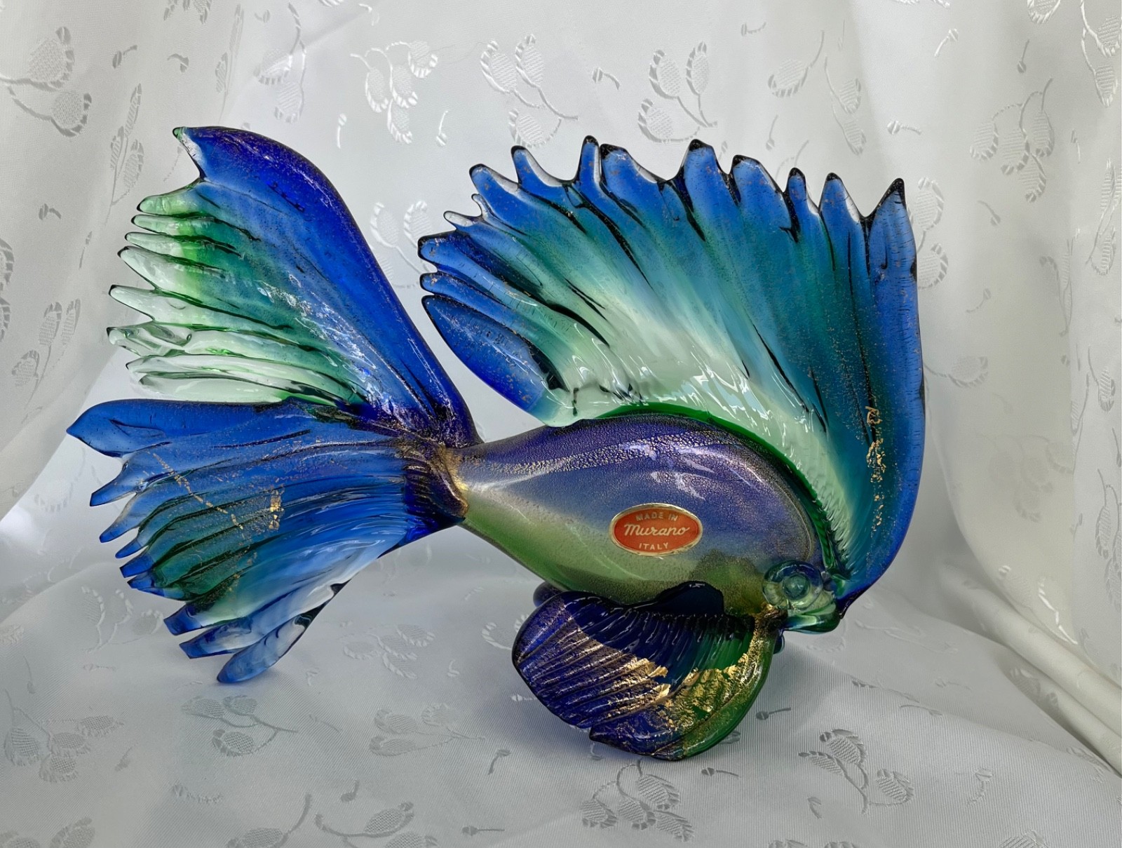 Vintage Murano Italy Gold Swirl Beta Fish 9 1/4″x 6″ Original Foil Tag Stunning!