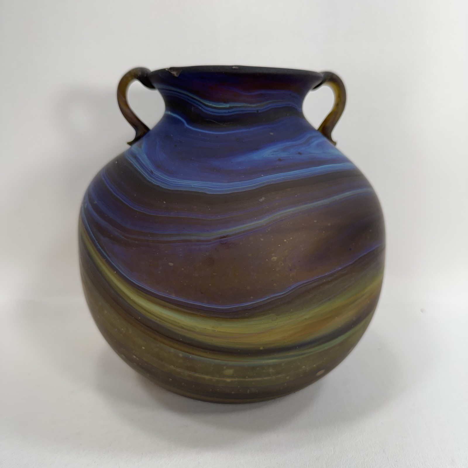 Phoenician Style Handblown Recycled Glass 7.75″ Vase Blue / Brown Swirl