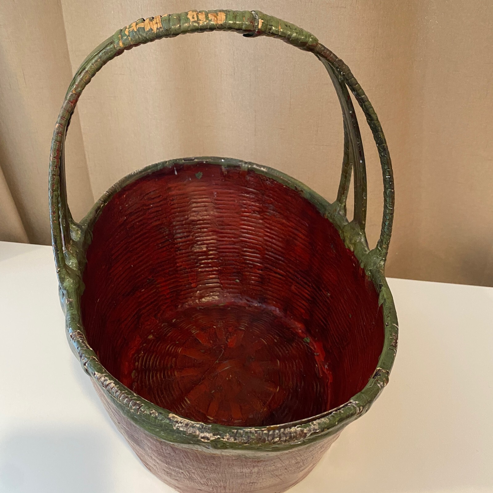 Antique French Red Green Basket Hand-Painted Butterfly Floral