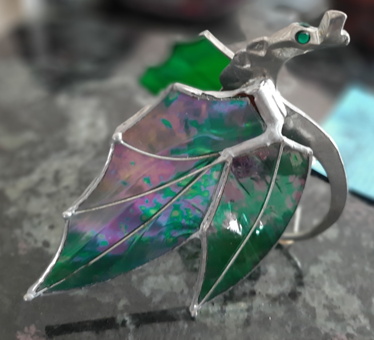 Vintage Pewter & Stained Glass Dragon Suncatcher 5.5″