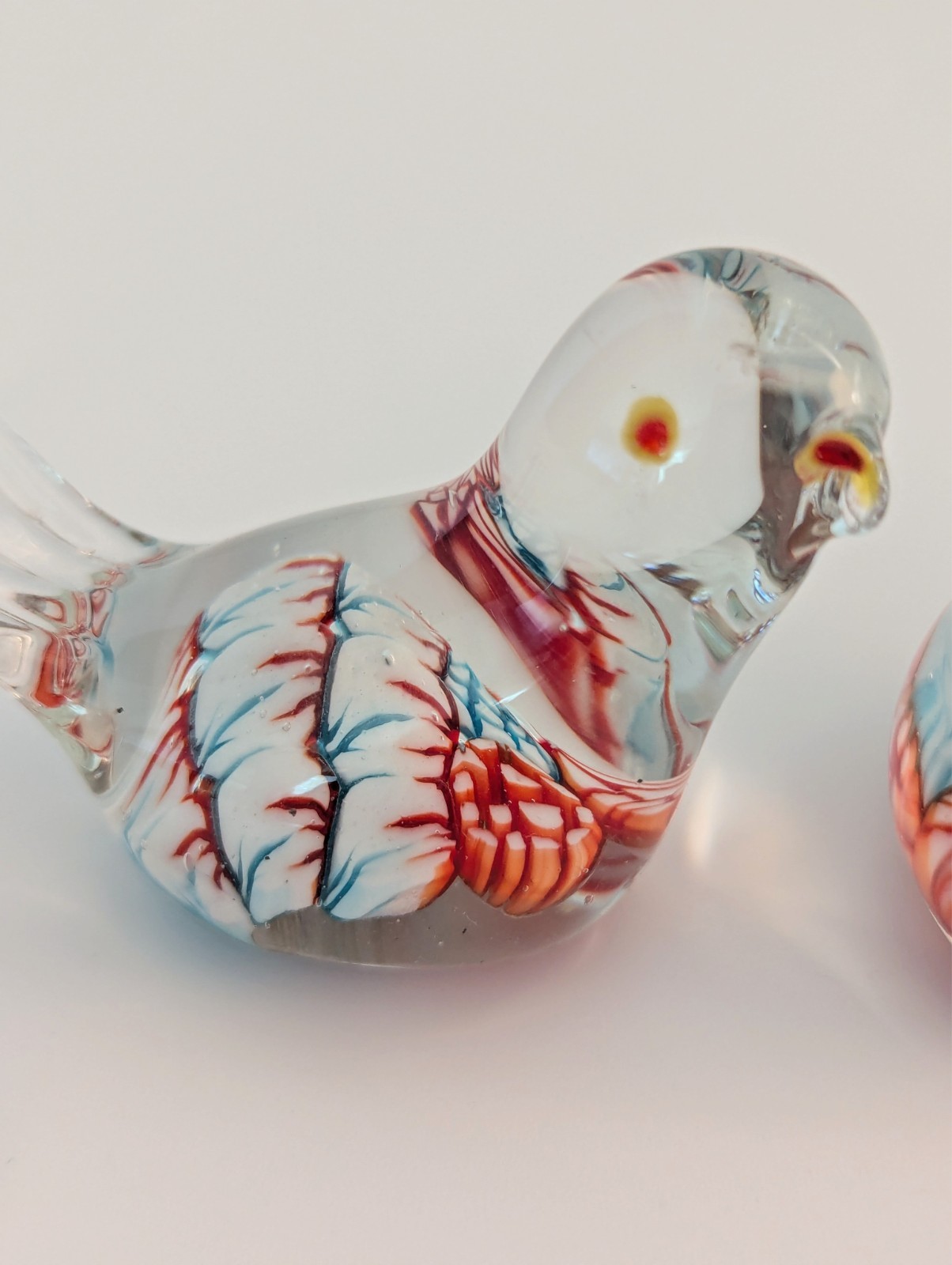 Vintage Murano Style Blown Glass Pair 2″ Bird Figurines Blue White Orange Red