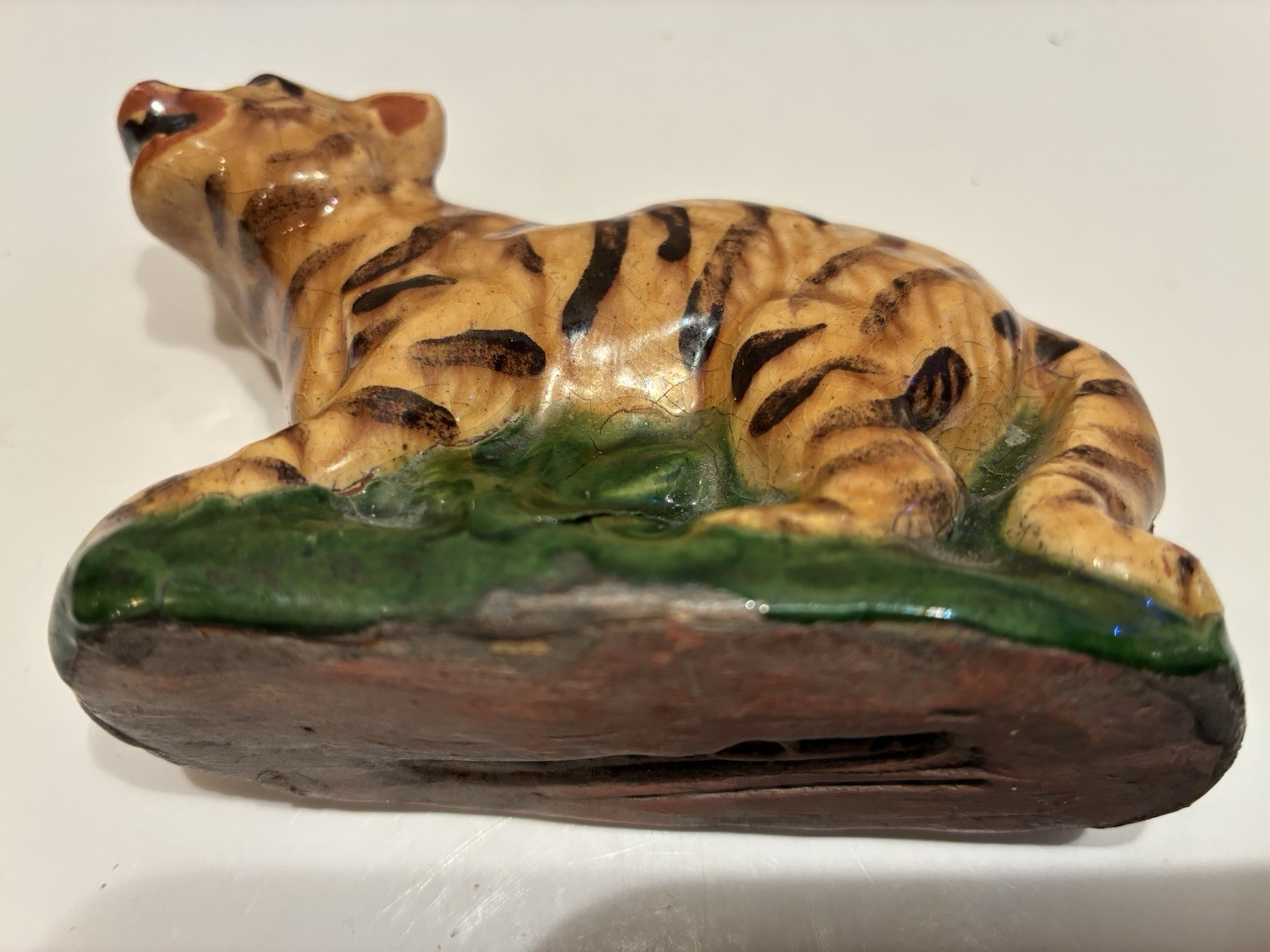 Vintage Mary Spellmire Schooner Tiger Figurine Folk Art Redware Clay Pottery