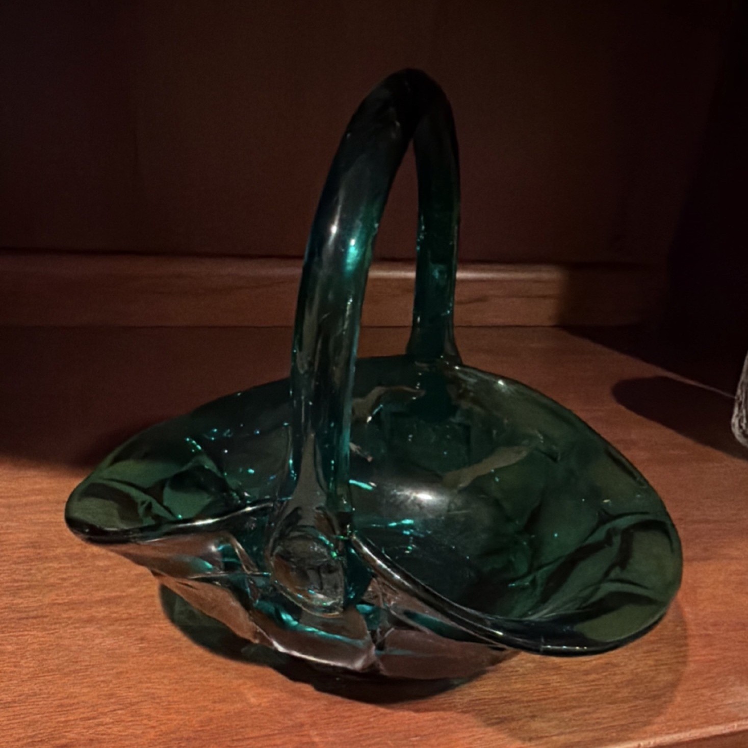 Green Glass Decorative Basket With Handle, Glossy Solid Round, Hand Wash