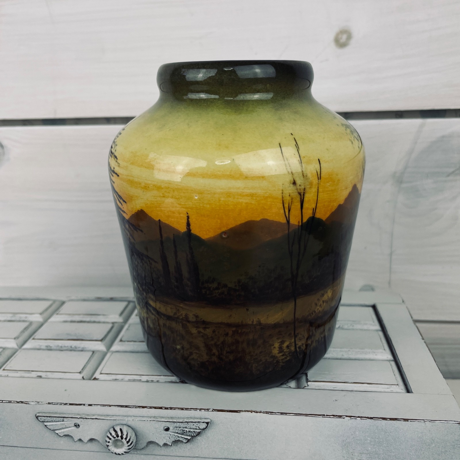 Vintage Hand Painted SMF GERMANY Schramberg Majolika Black Gold Pottery Vase