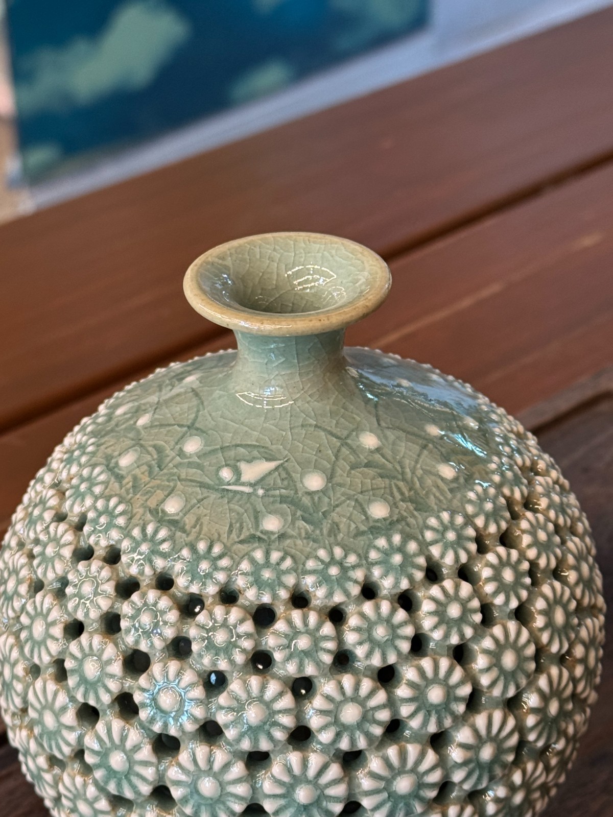 Korean Celadon Vase Openwork Chrysanthemum Flask 5.9in Master Ceramist Signed