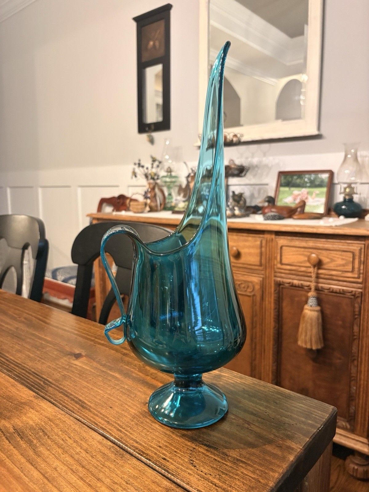 Vintage 17” LE Smith MCM Peacock Blue Art Glass Swung Vase Candleholder