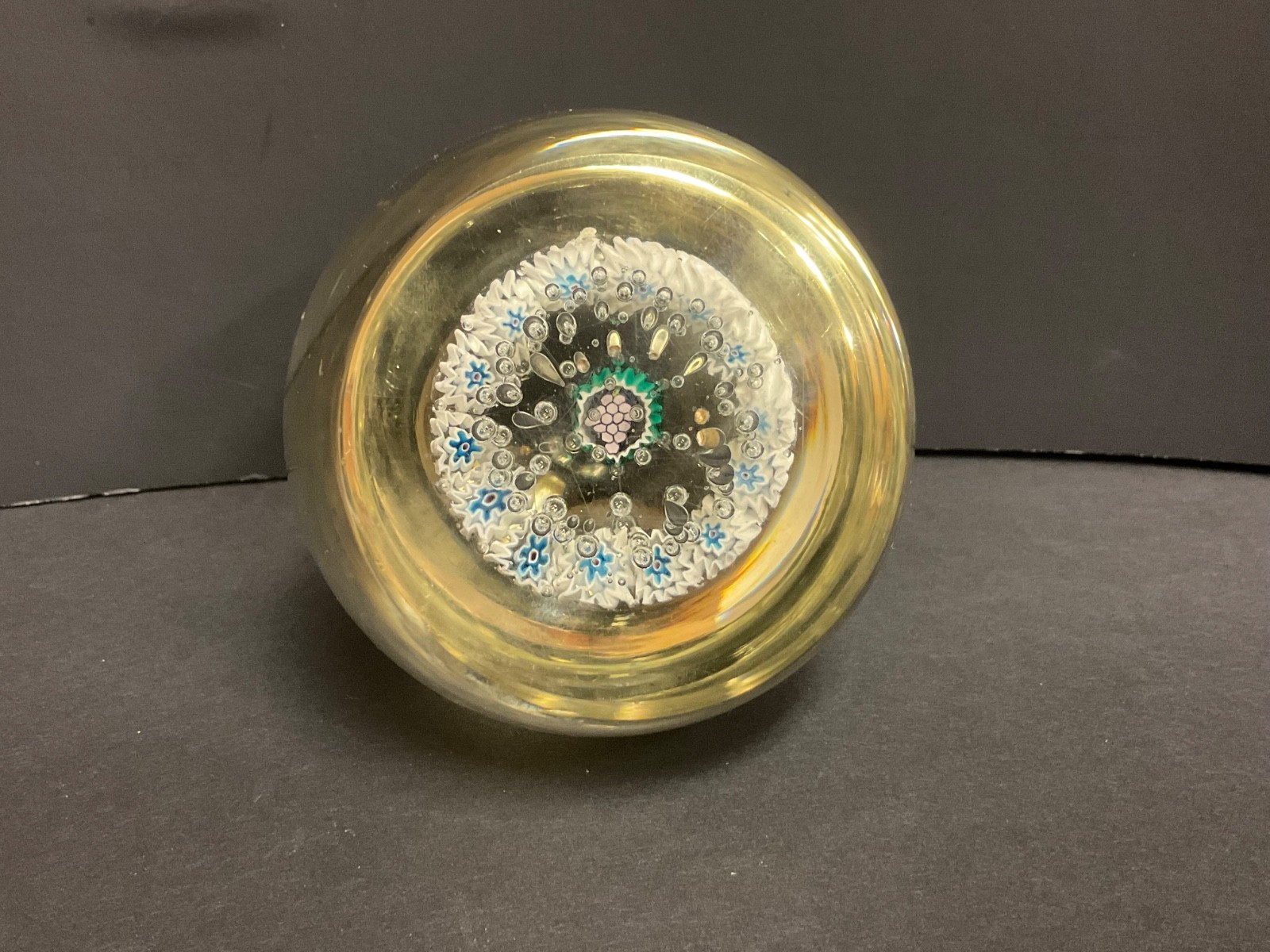 Clear Glass/ Millefiori Art Glass Paperweight Turquoise & White 3″ T