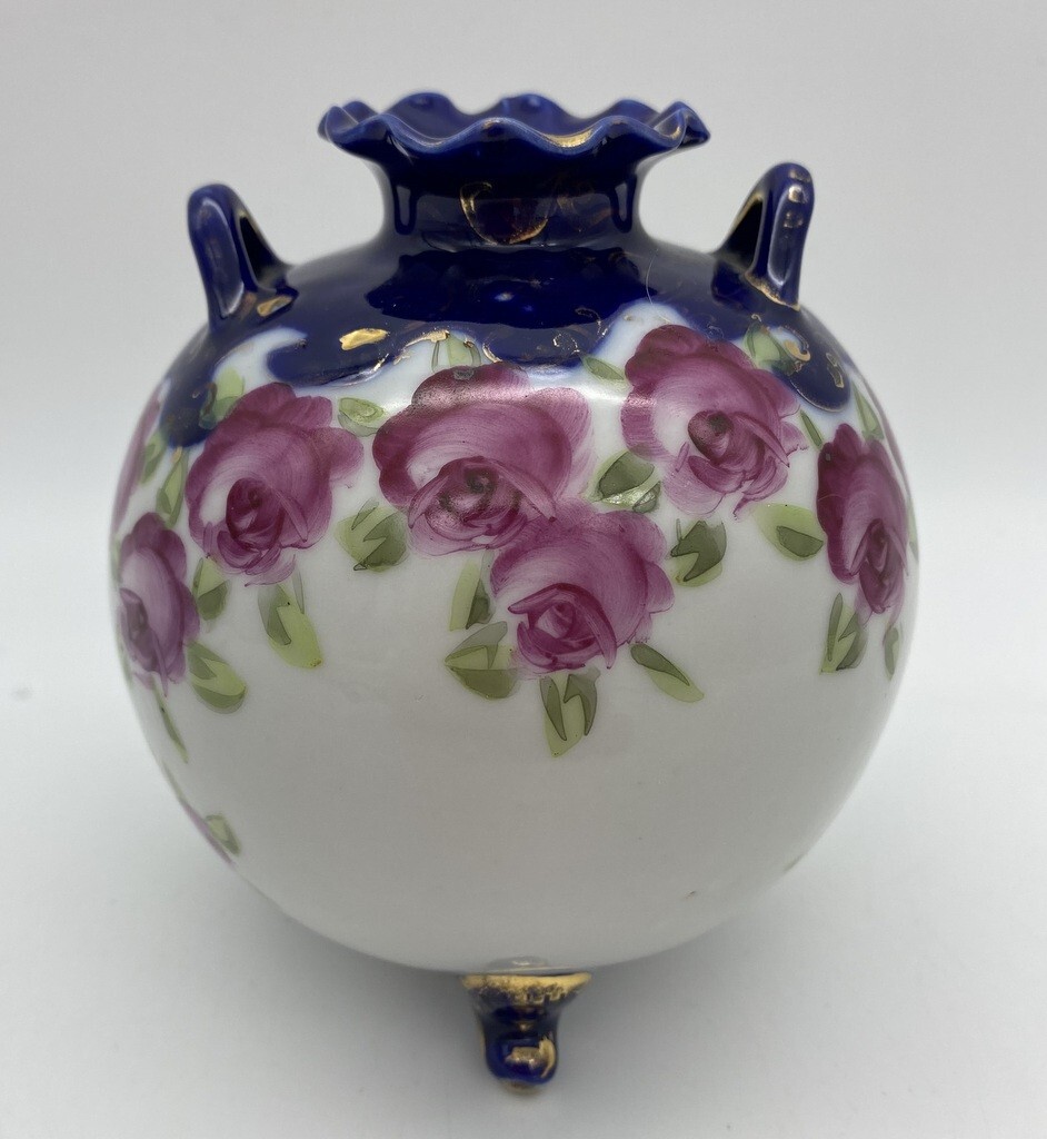 Antique Rose Floral Cobalt Three Footed Vase Hand Painted Made in Japan